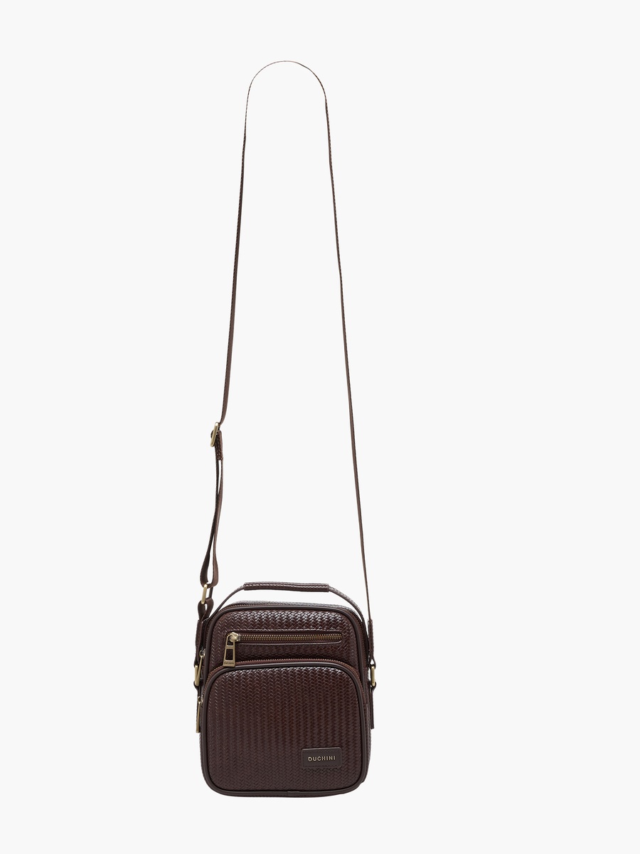Men Chevron Textured Crossbody Bag with Zip Closure
