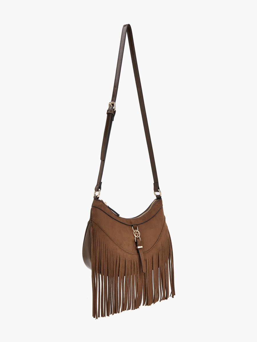 Suede Shoulder Bag with Fringed Detail