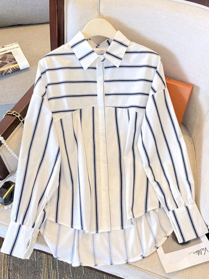 White Striped Spread Collar Long Sleeve Shirt
