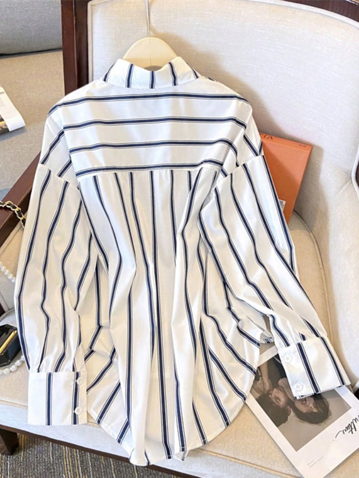 White Striped Spread Collar Long Sleeve Shirt