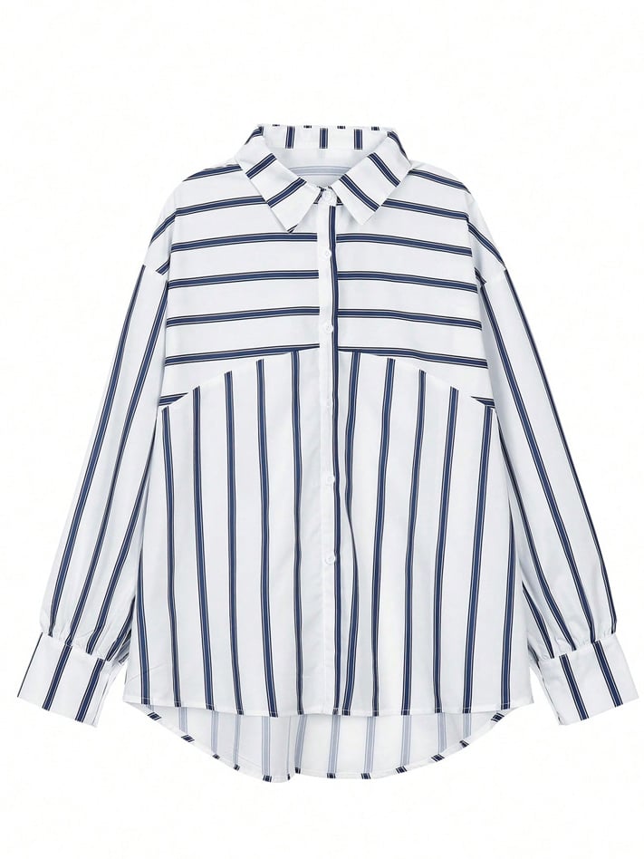 White Striped Spread Collar Long Sleeve Shirt