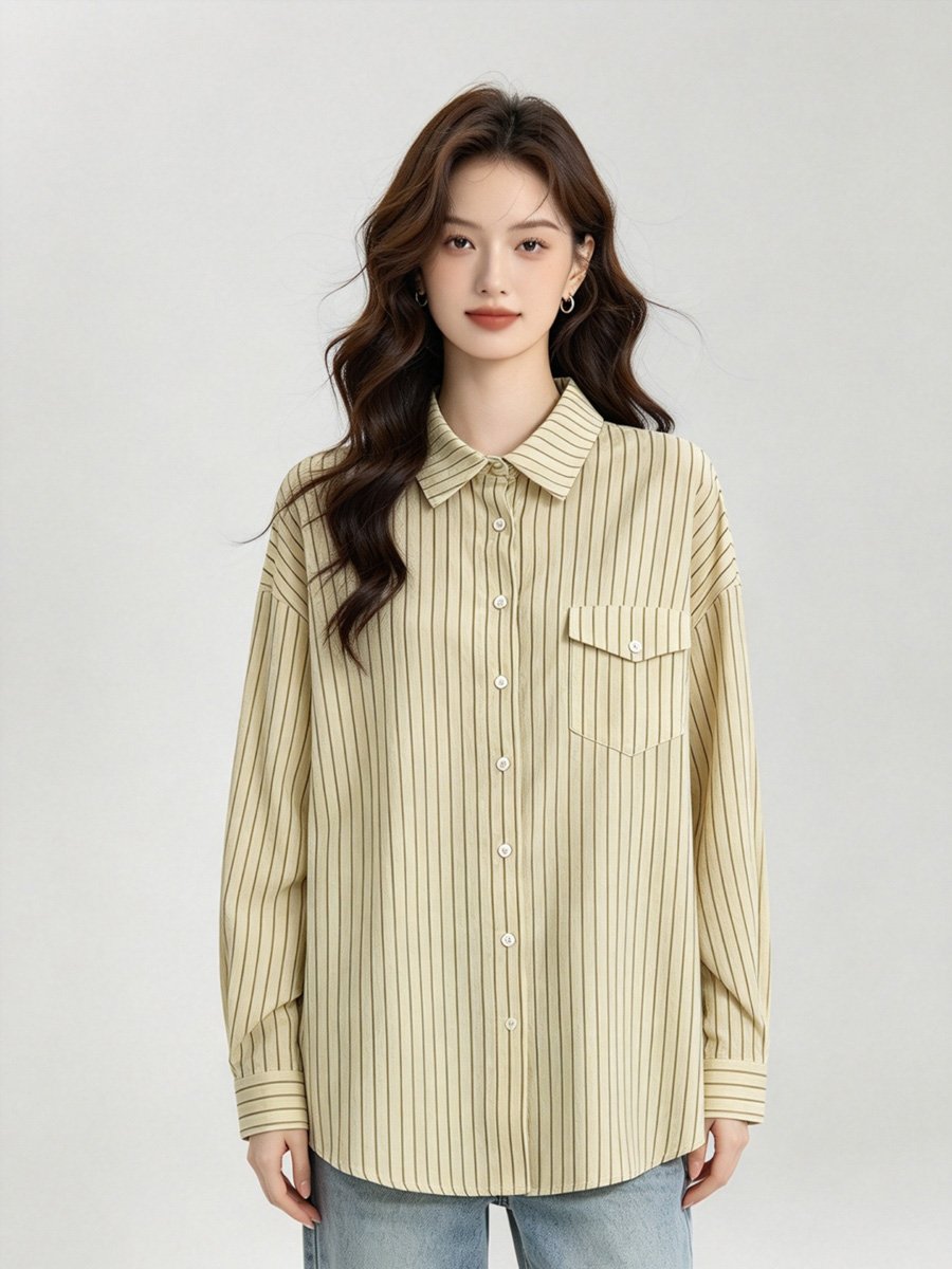 Khaki Striped Long Sleeve Button-Up Shirt