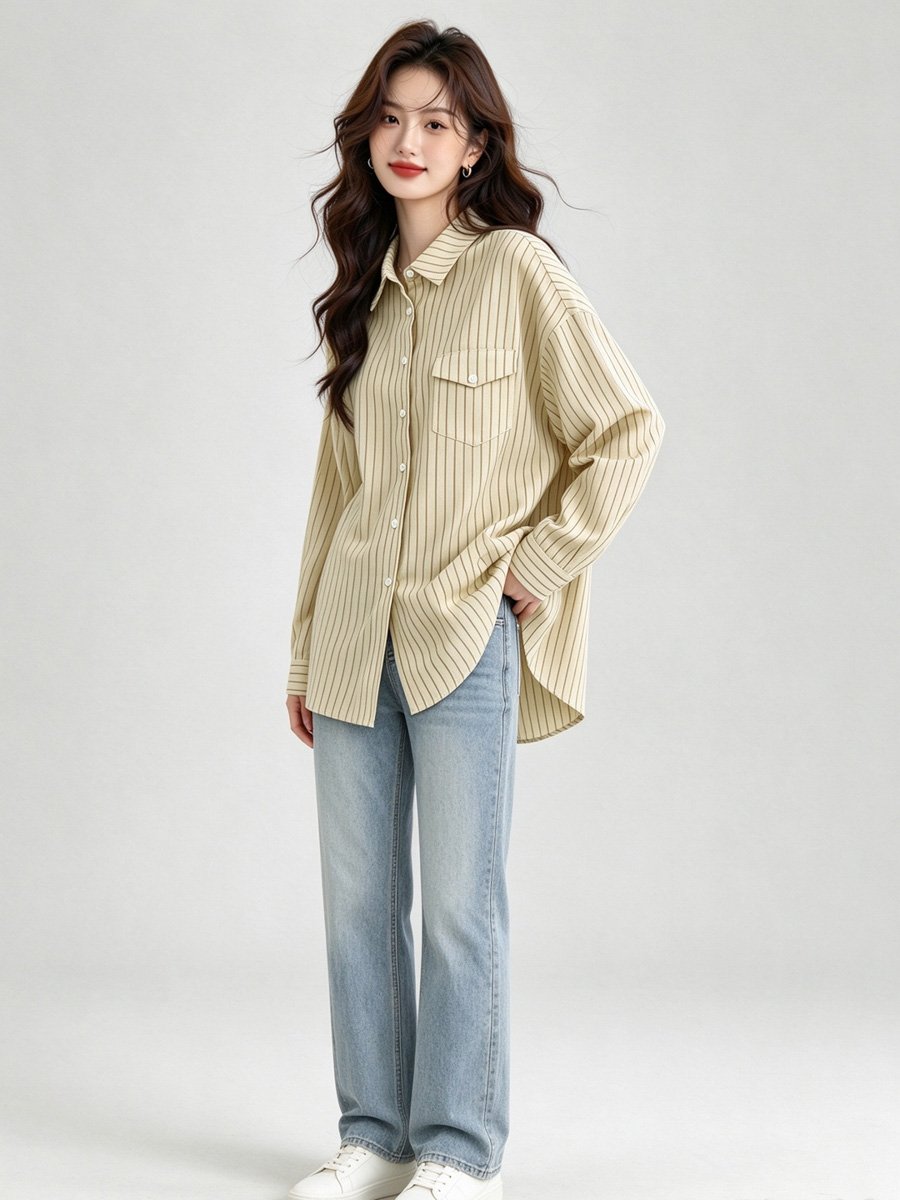 Khaki Striped Long Sleeve Button-Up Shirt