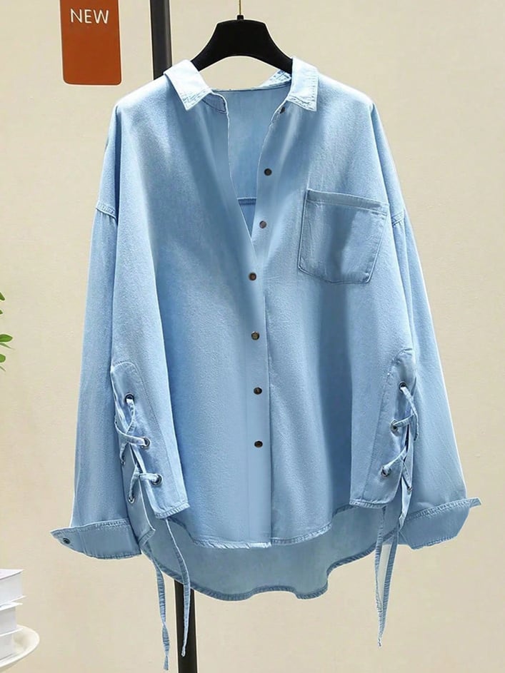 Medium Blue Denim-Look Lace-Up Long Sleeve Shirt