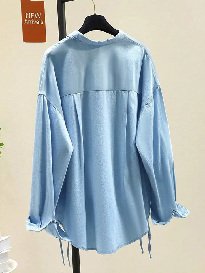Medium Blue Denim-Look Lace-Up Long Sleeve Shirt
