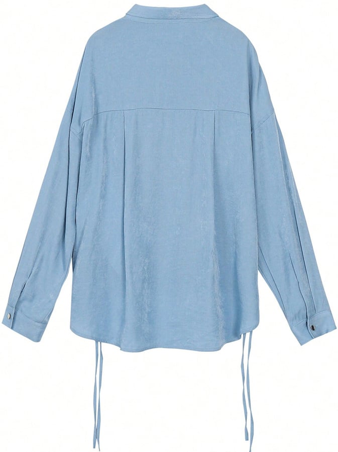 Medium Blue Denim-Look Lace-Up Long Sleeve Shirt