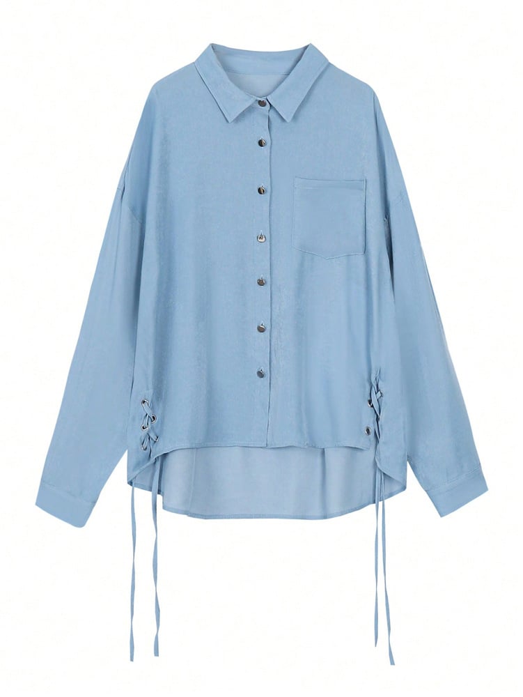 Medium Blue Denim-Look Lace-Up Long Sleeve Shirt