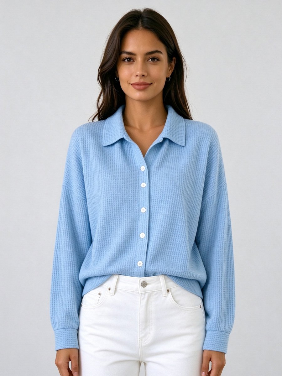 Sky Blue Waffle Knit Button-Up Shirt