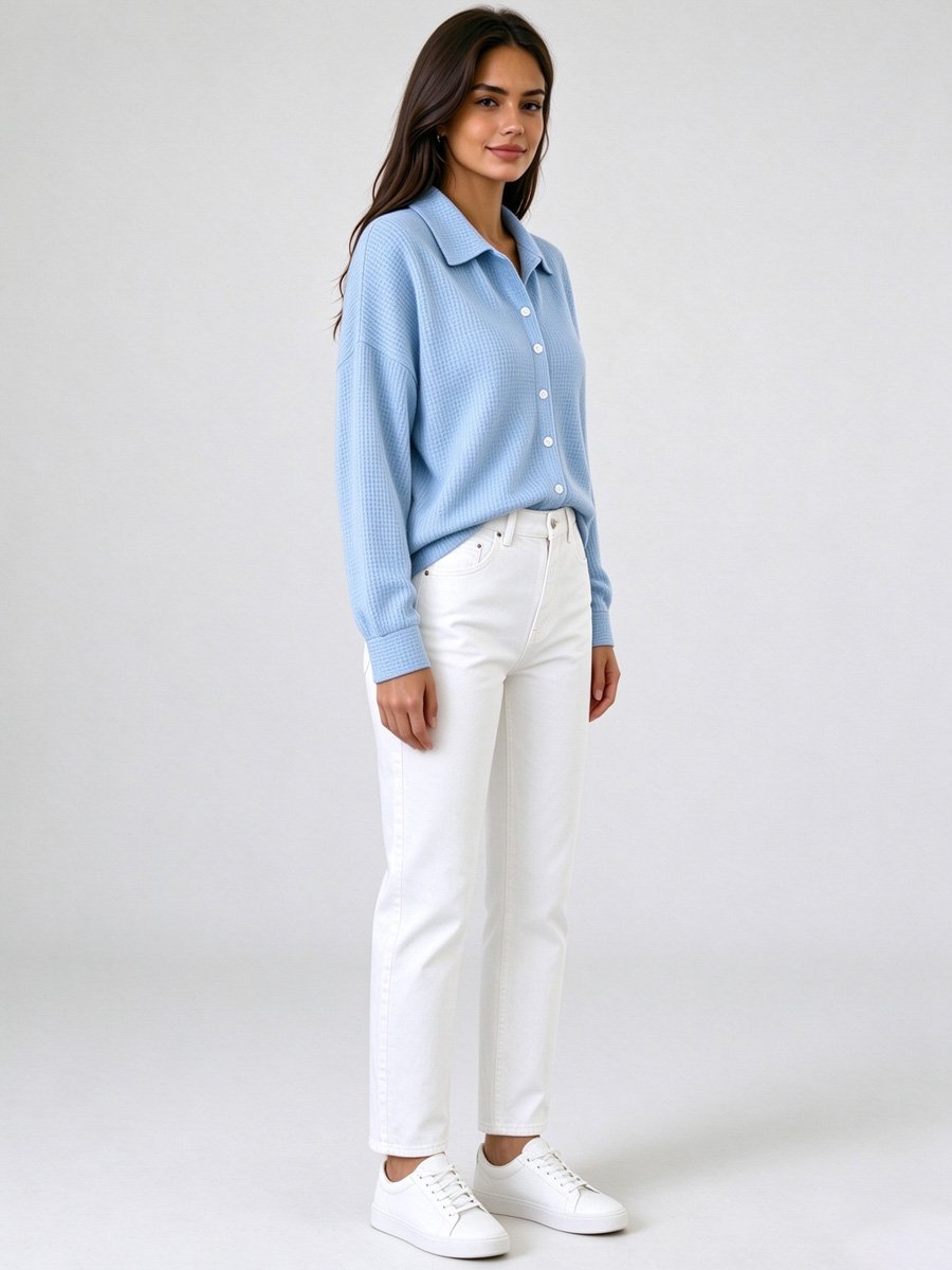 Sky Blue Waffle Knit Button-Up Shirt