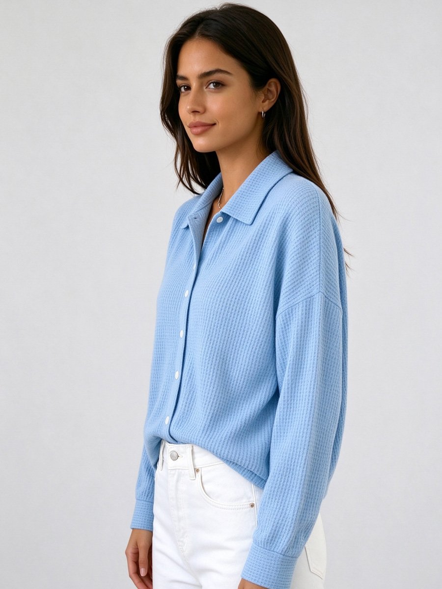 Sky Blue Waffle Knit Button-Up Shirt
