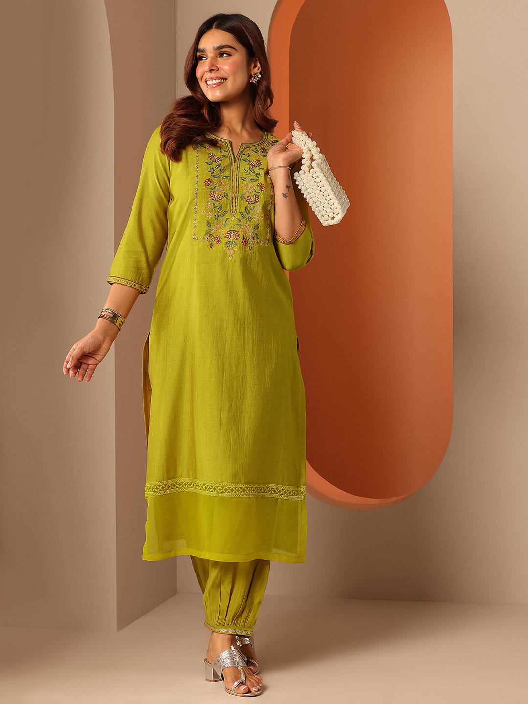 Libas Green Embroidered Blended Kurta Set with Straight Pants