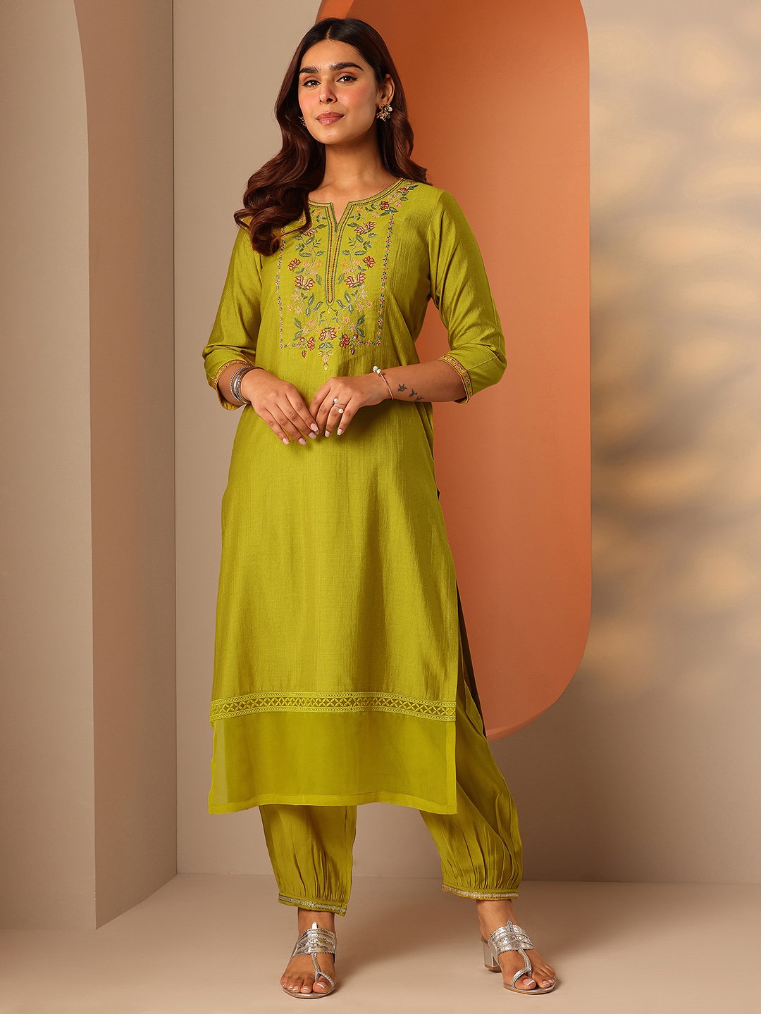 Libas Green Embroidered Blended Kurta Set with Straight Pants