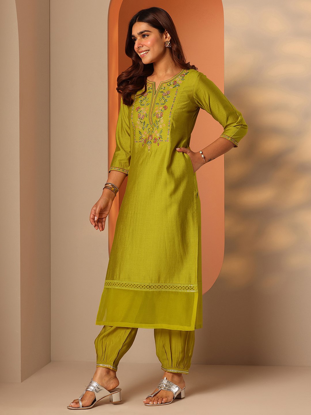 Libas Green Embroidered Blended Kurta Set with Straight Pants