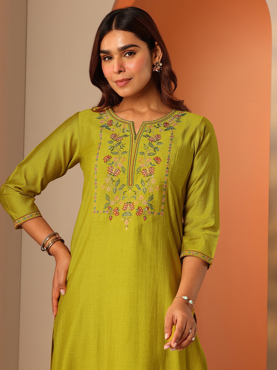 Libas Green Embroidered Blended Kurta Set with Straight Pants
