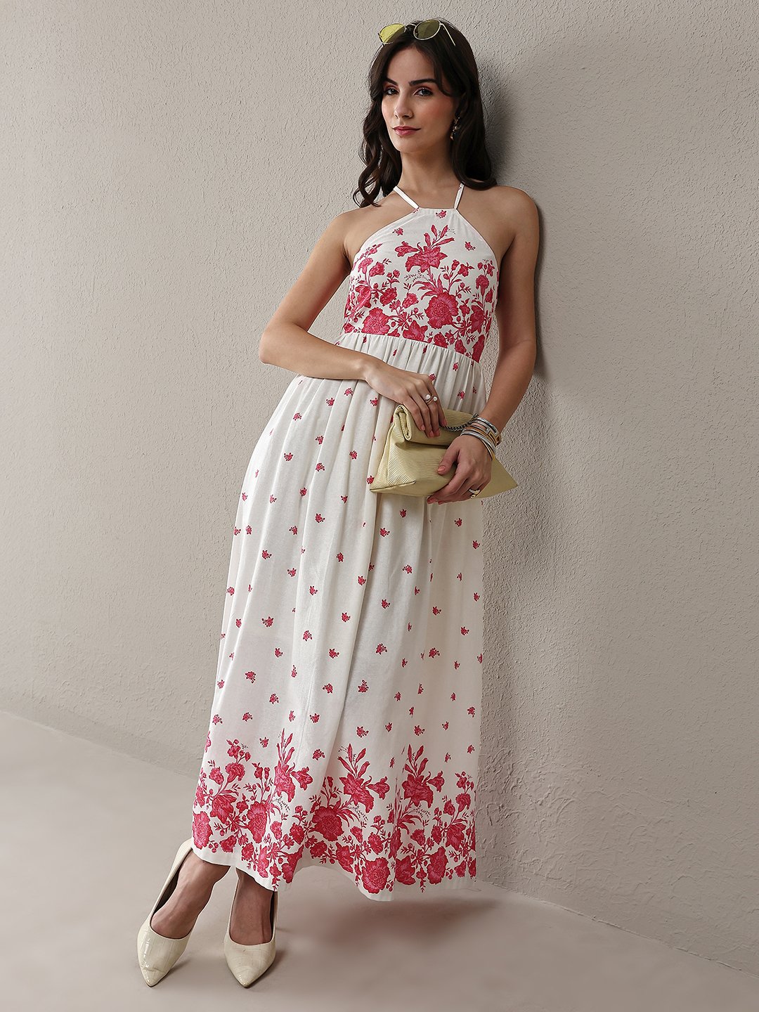 White Floral Sleeveless A-Line Maxi Dress