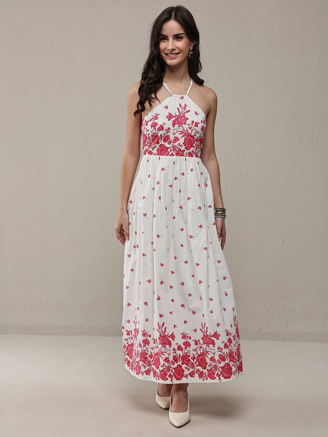 White Floral Sleeveless A-Line Maxi Dress