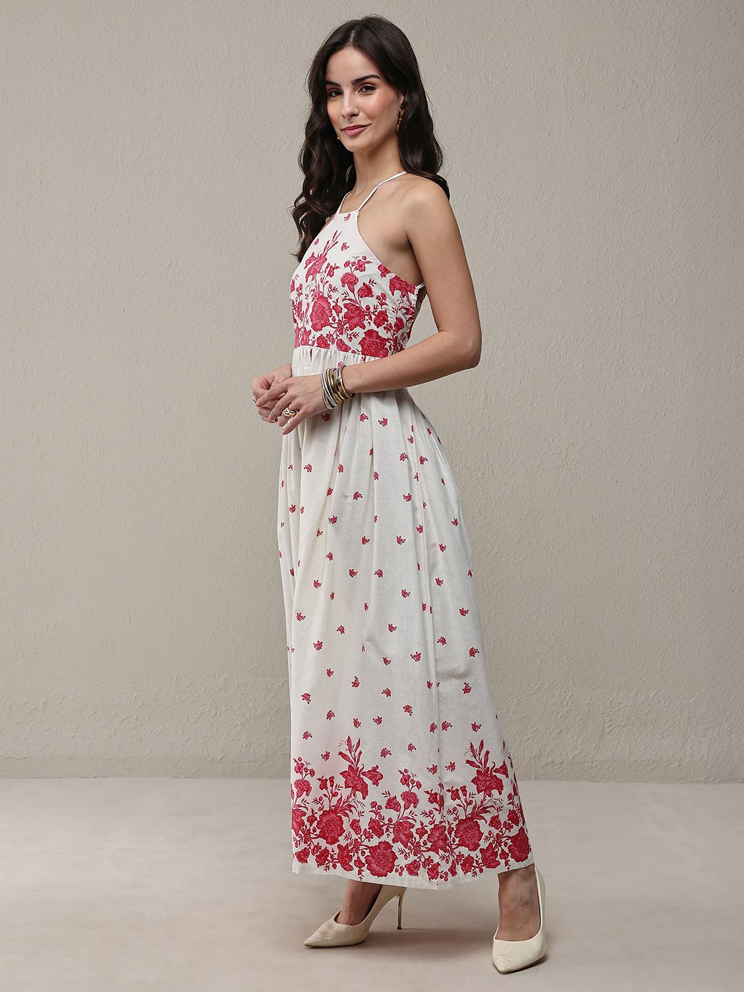 White Floral Sleeveless A-Line Maxi Dress