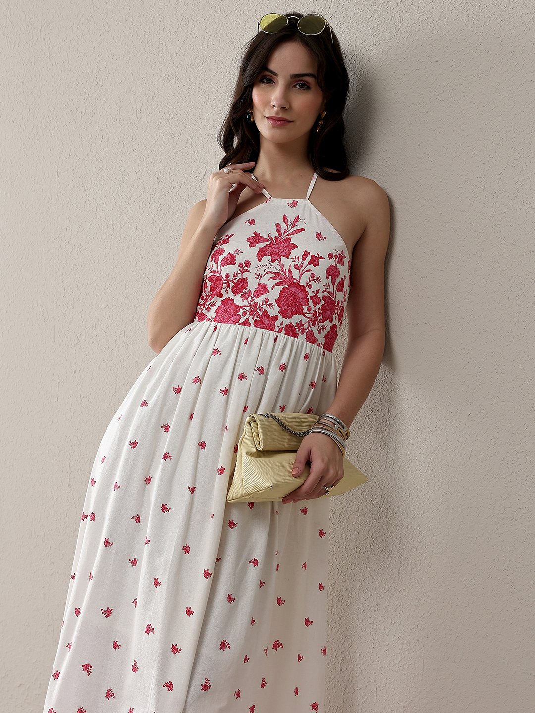 White Floral Sleeveless A-Line Maxi Dress