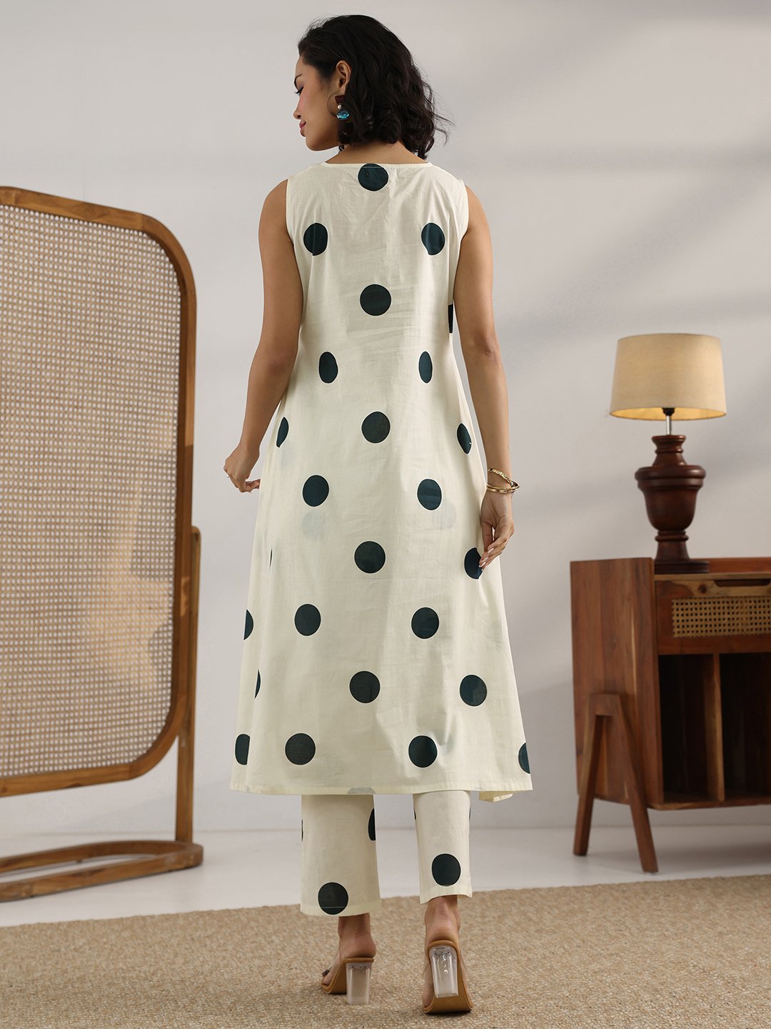 Off-White Polka Dot Cotton A-Line Kurta with Trousers