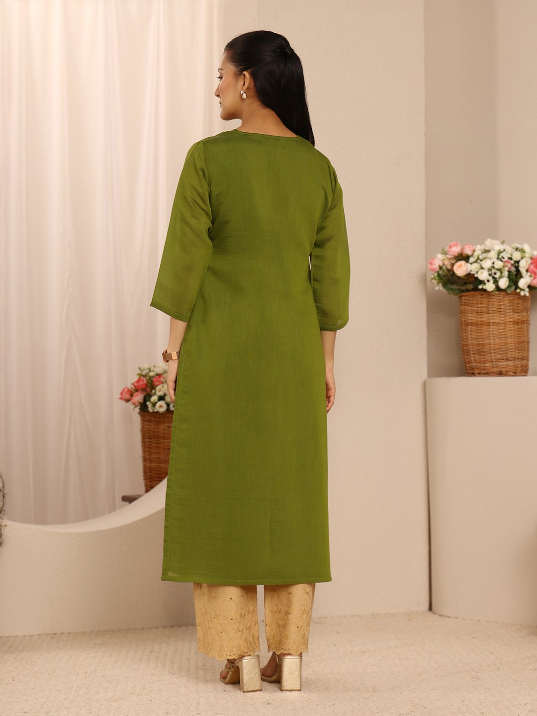 Green Embroidered V Neck Kurta