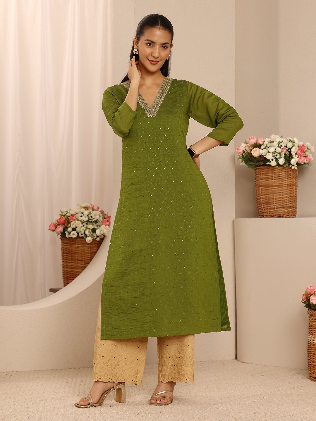 Green Embroidered V Neck Kurta