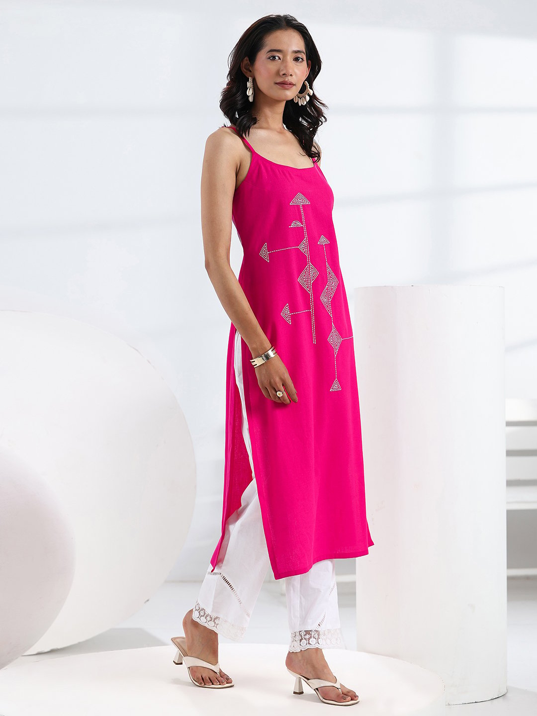 Pink Embroidered Cotton Strappy Kurta