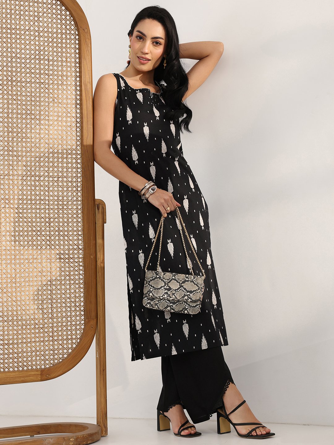 Black Printed Cotton Sleeveless Kurta Set with Straight Palazzo