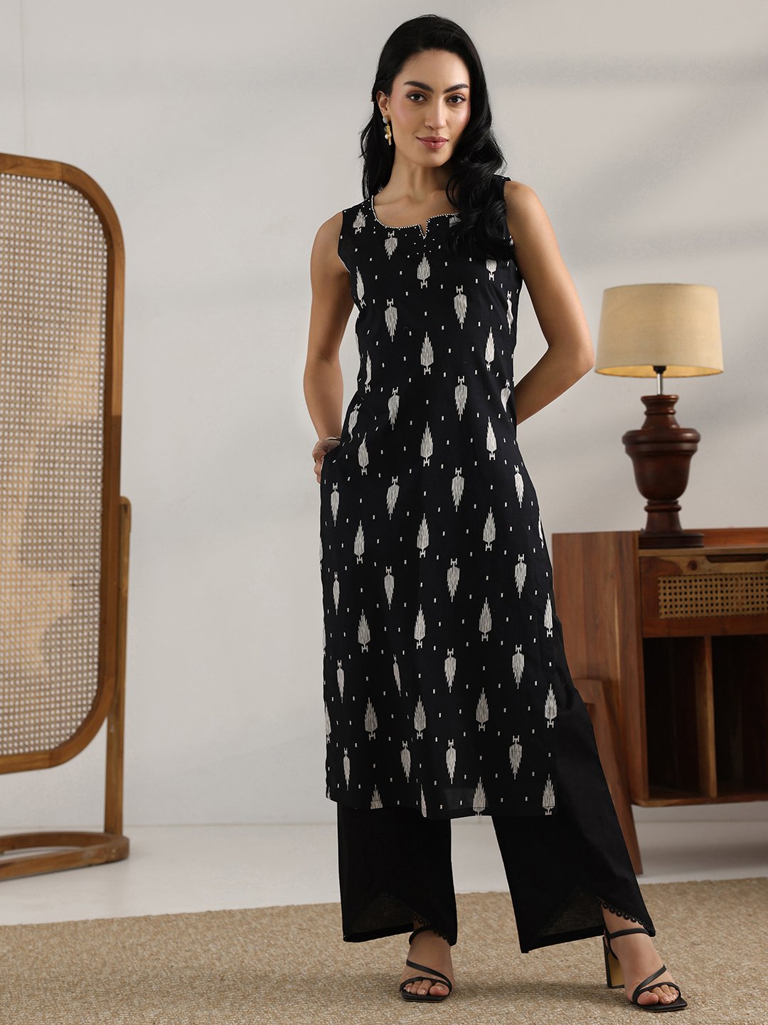 Black Printed Cotton Sleeveless Kurta Set with Straight Palazzo