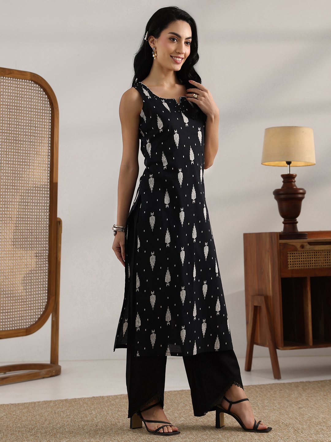 Black Printed Cotton Sleeveless Kurta Set with Straight Palazzo