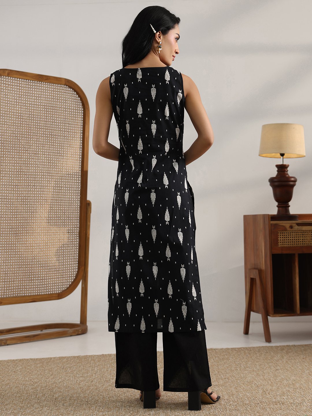 Black Printed Cotton Sleeveless Kurta Set with Straight Palazzo
