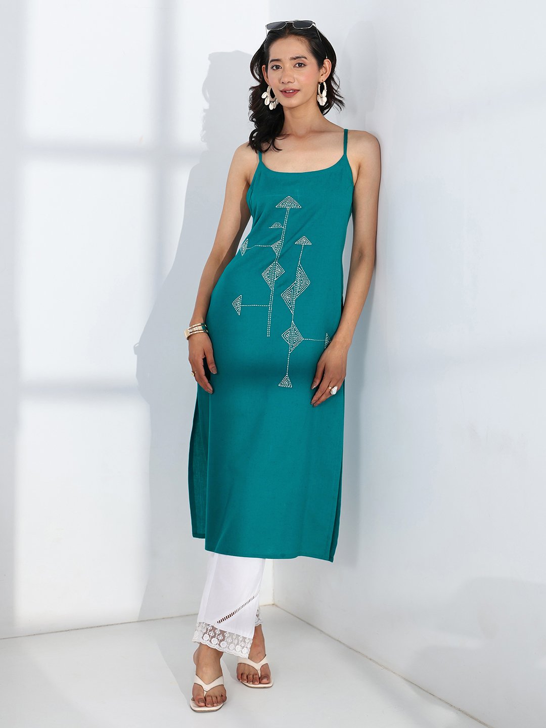 Blue Embroidered Cotton Strappy Kurta