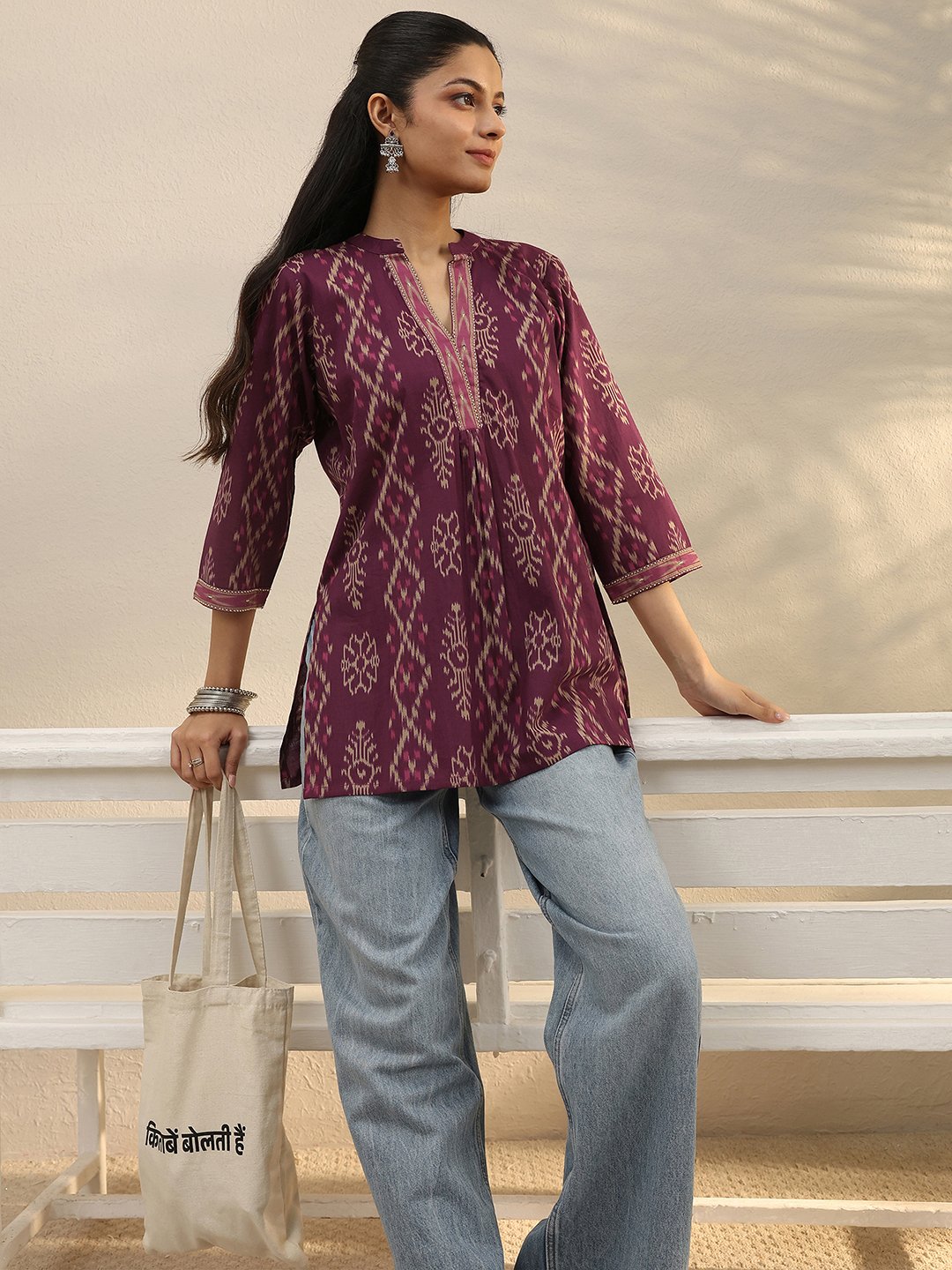 Purple Cotton Printed Straight Kurti with Mandarin Collar