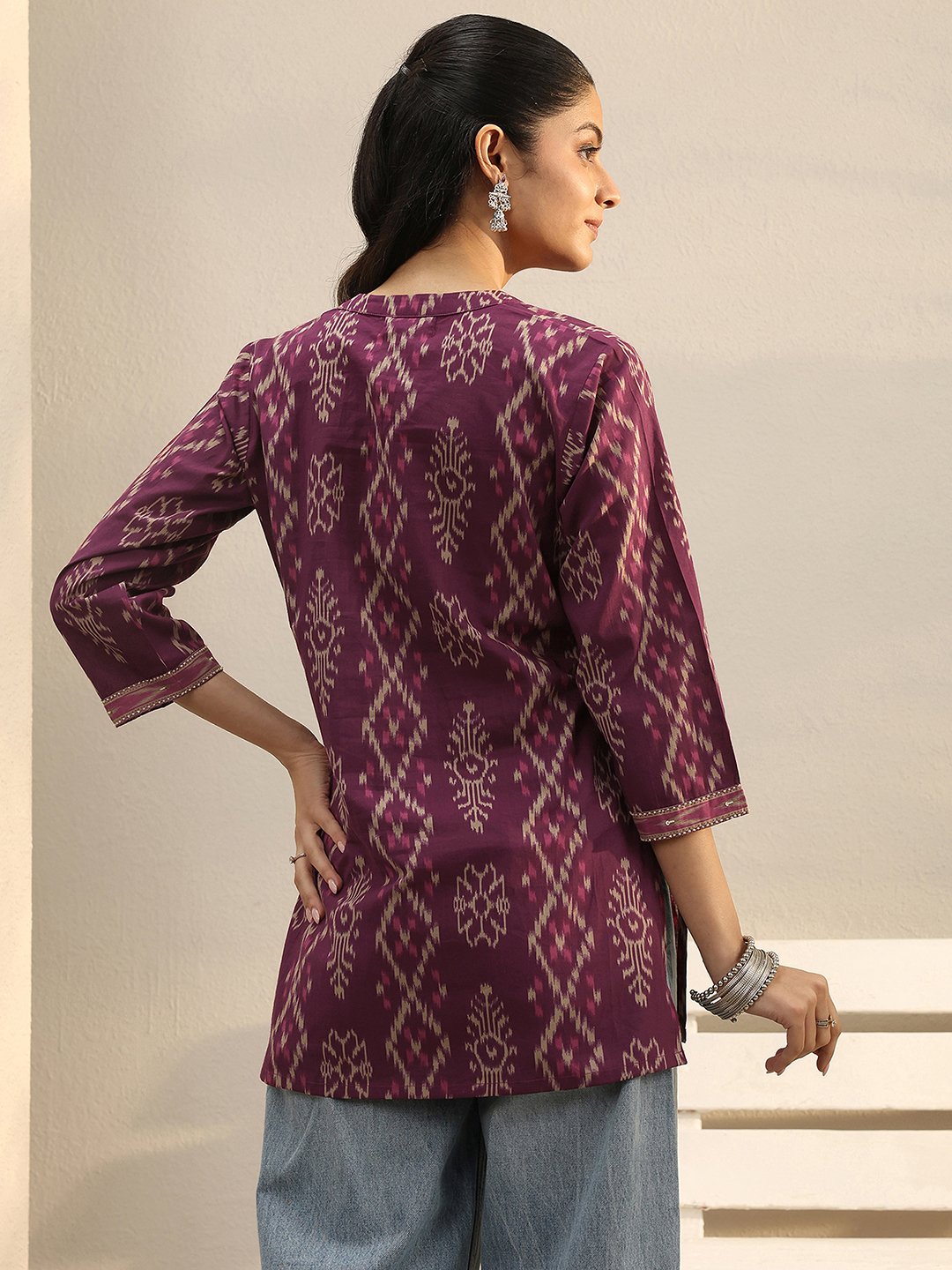 Purple Cotton Printed Straight Kurti with Mandarin Collar
