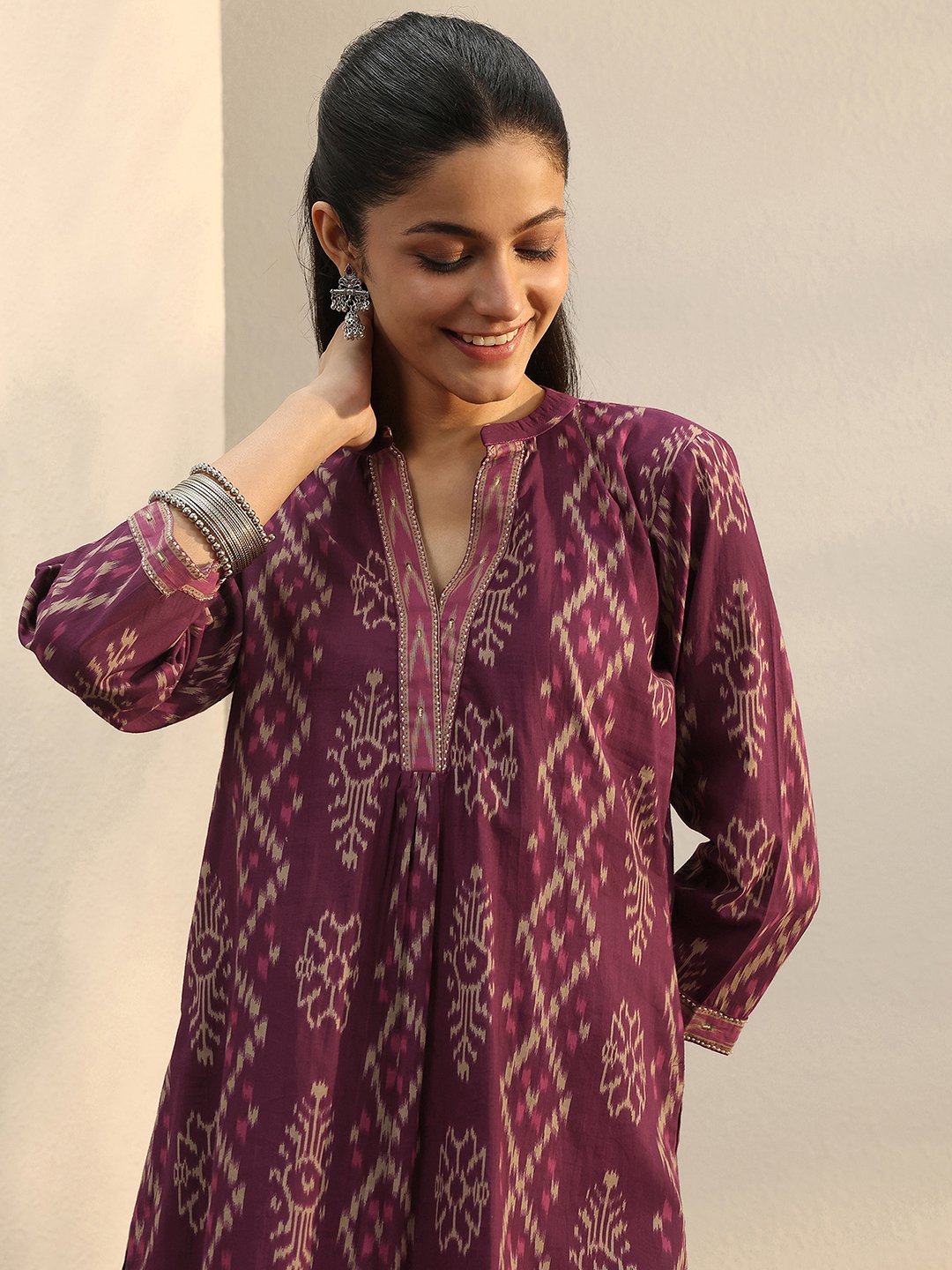Purple Cotton Printed Straight Kurti with Mandarin Collar