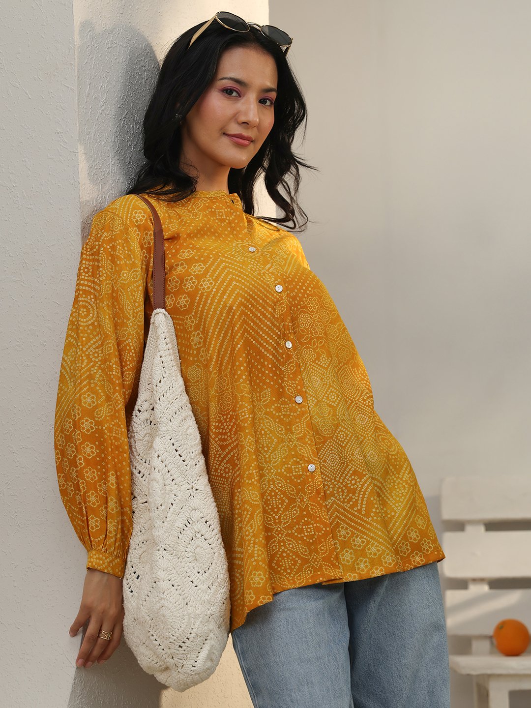 Yellow Bandhani Print Silk Blend Shirt