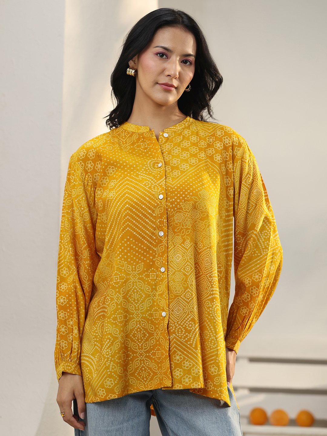 Yellow Bandhani Print Silk Blend Shirt