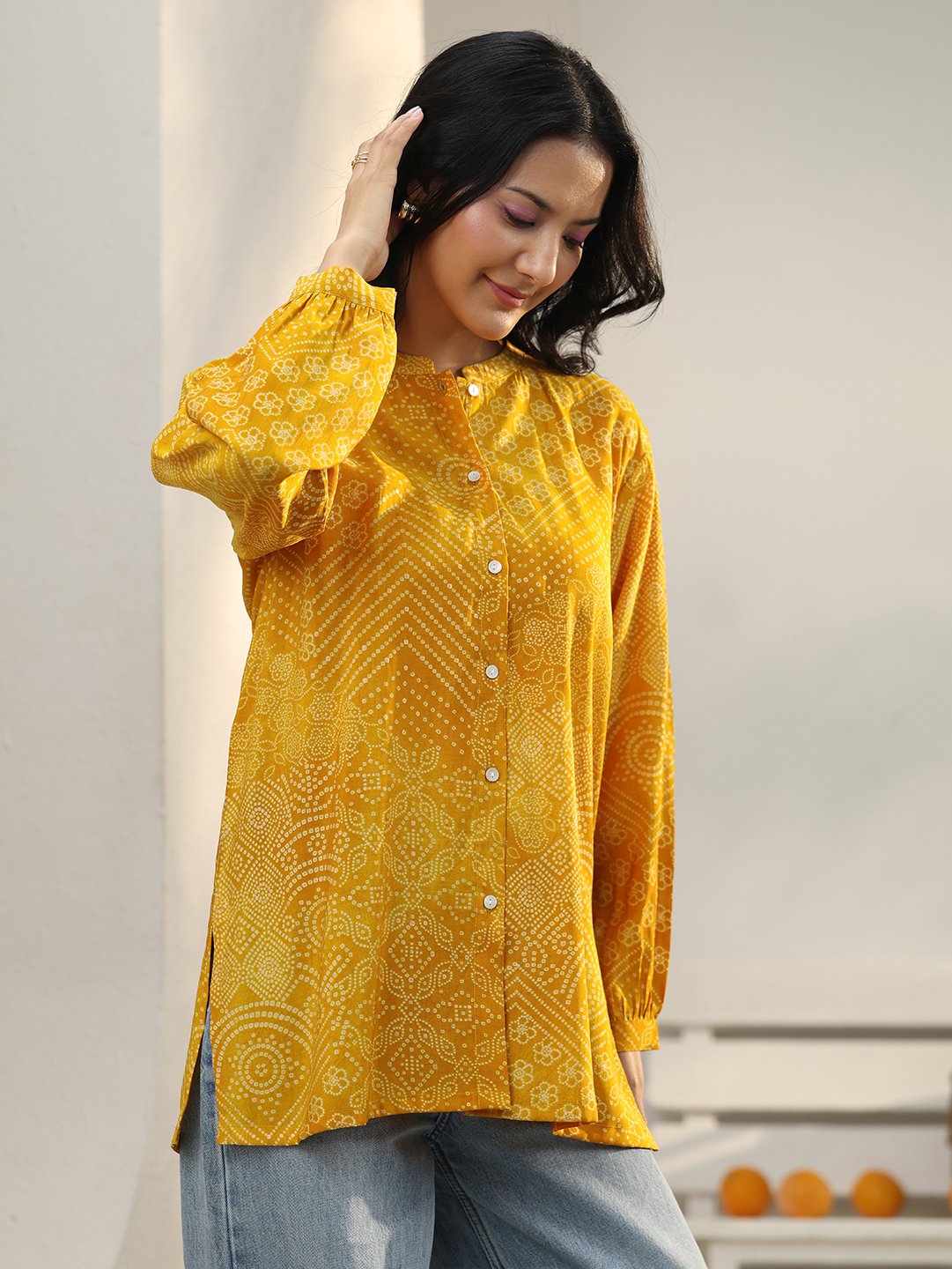 Yellow Bandhani Print Silk Blend Shirt