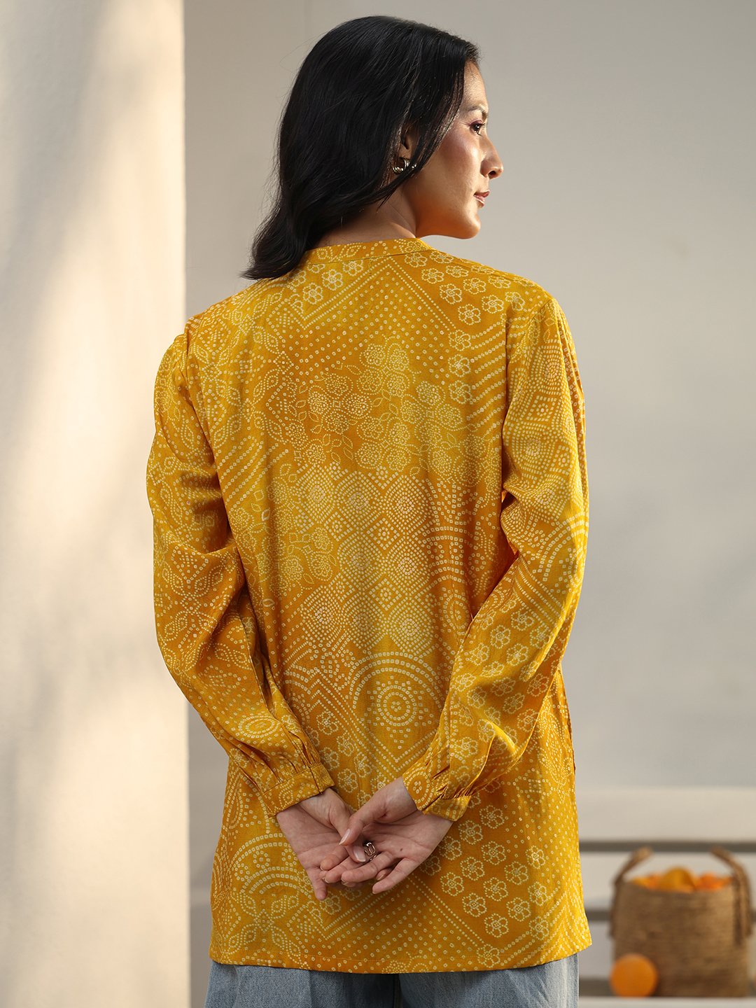 Yellow Bandhani Print Silk Blend Shirt