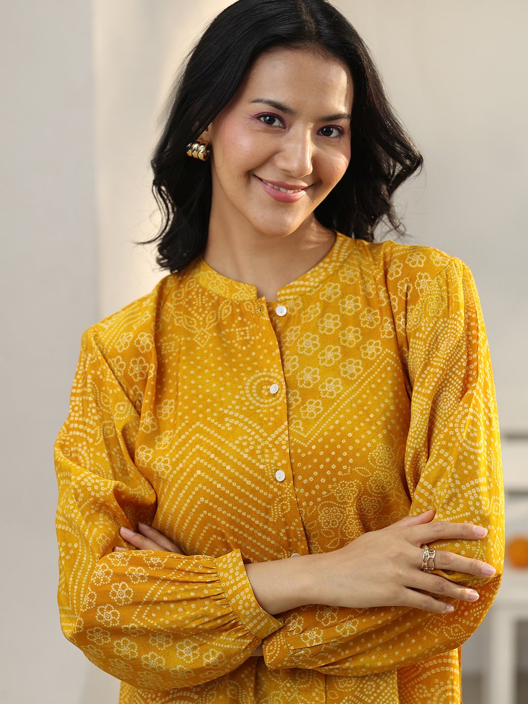Yellow Bandhani Print Silk Blend Shirt