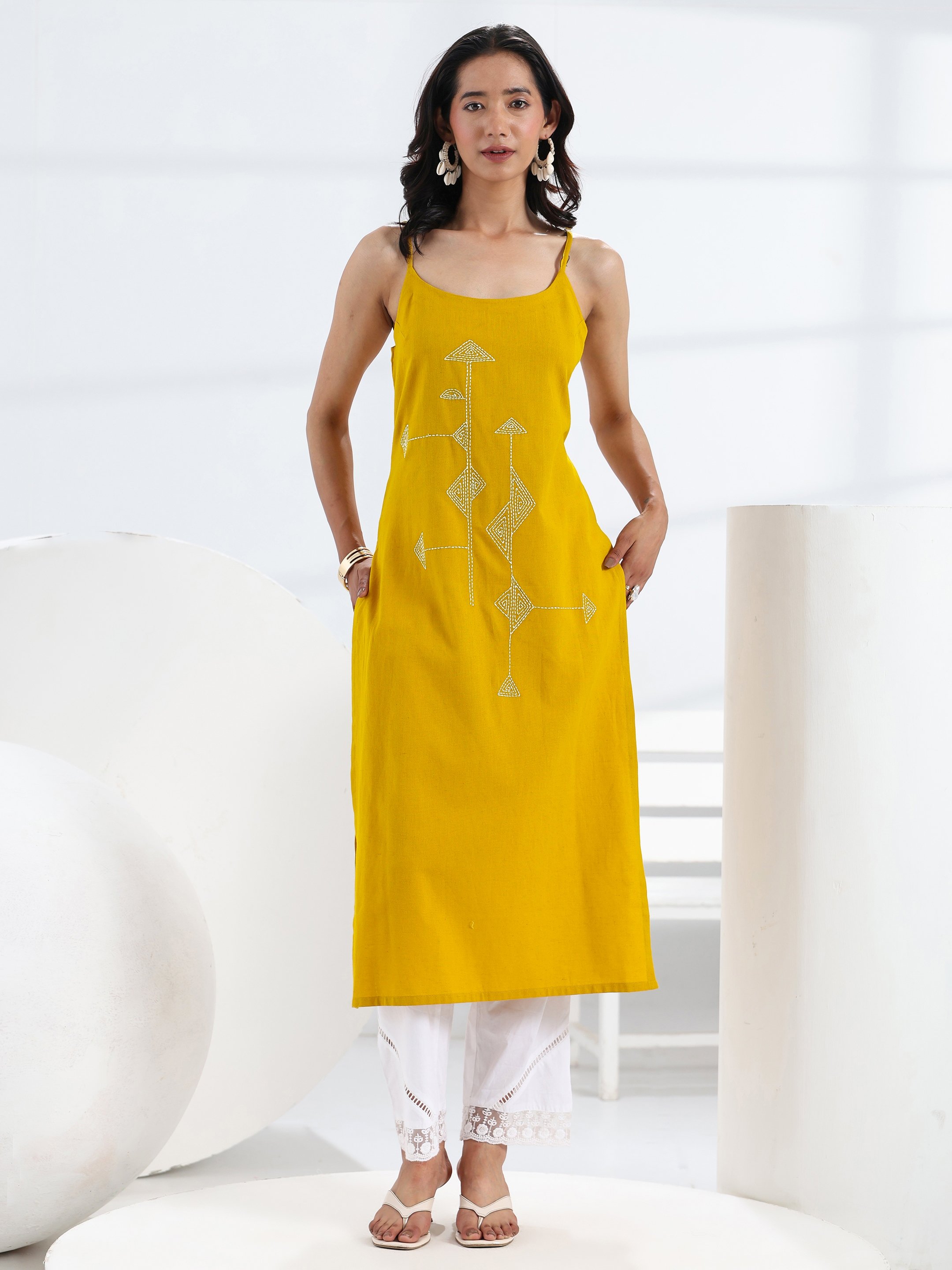 Mustard Cotton Embroidered Strappy Kurta
