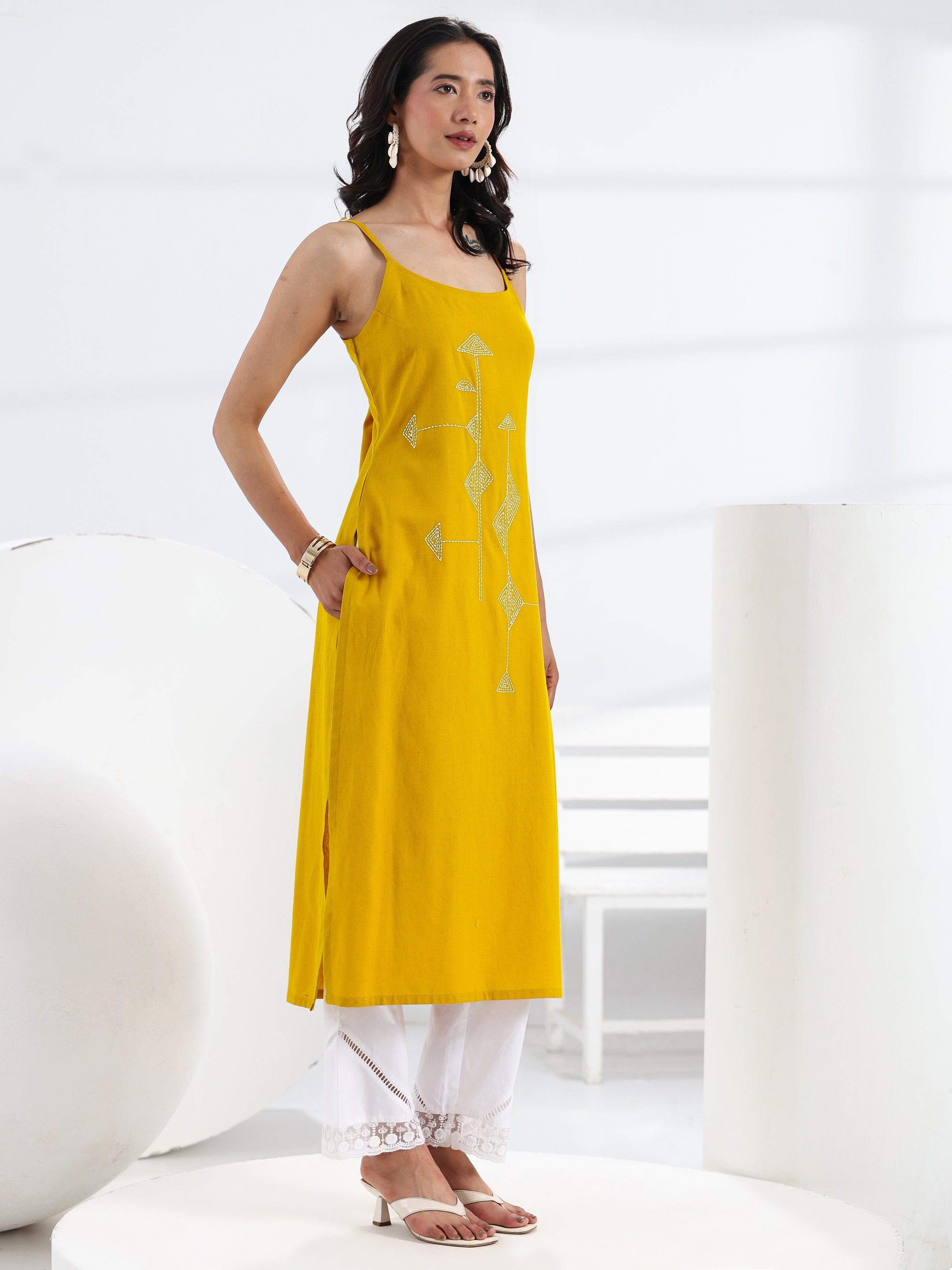 Mustard Cotton Embroidered Strappy Kurta