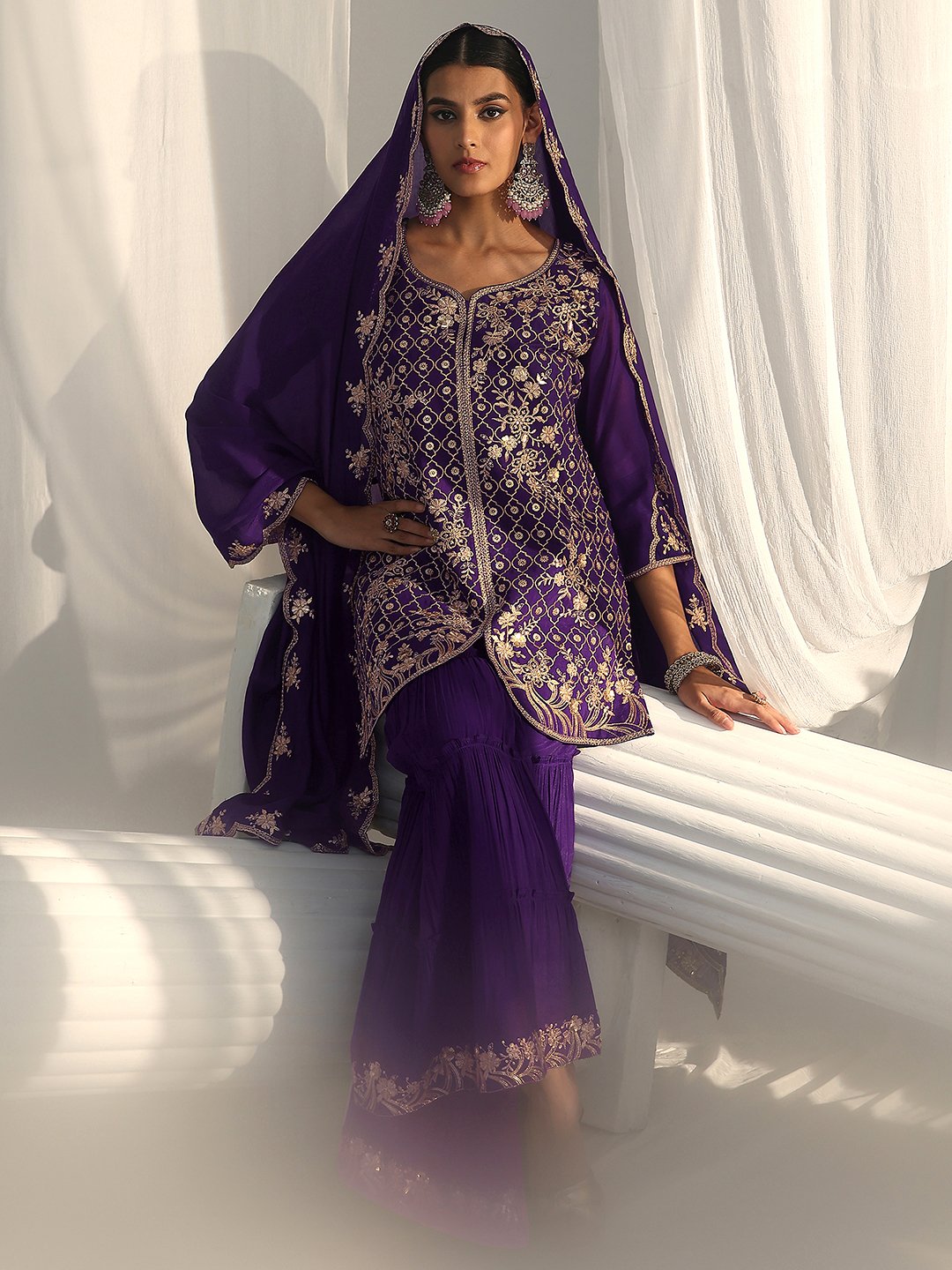 Regal Purple Embroidered Chanderi Sharara Suit with Dupatta