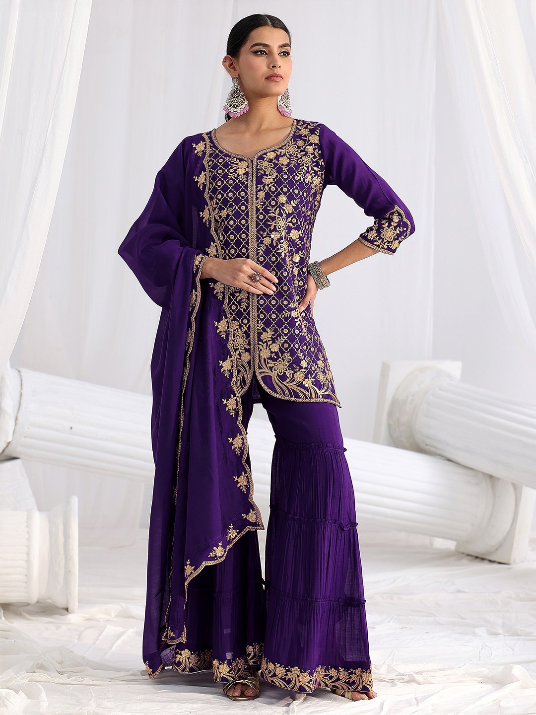 Regal Purple Embroidered Chanderi Sharara Suit with Dupatta