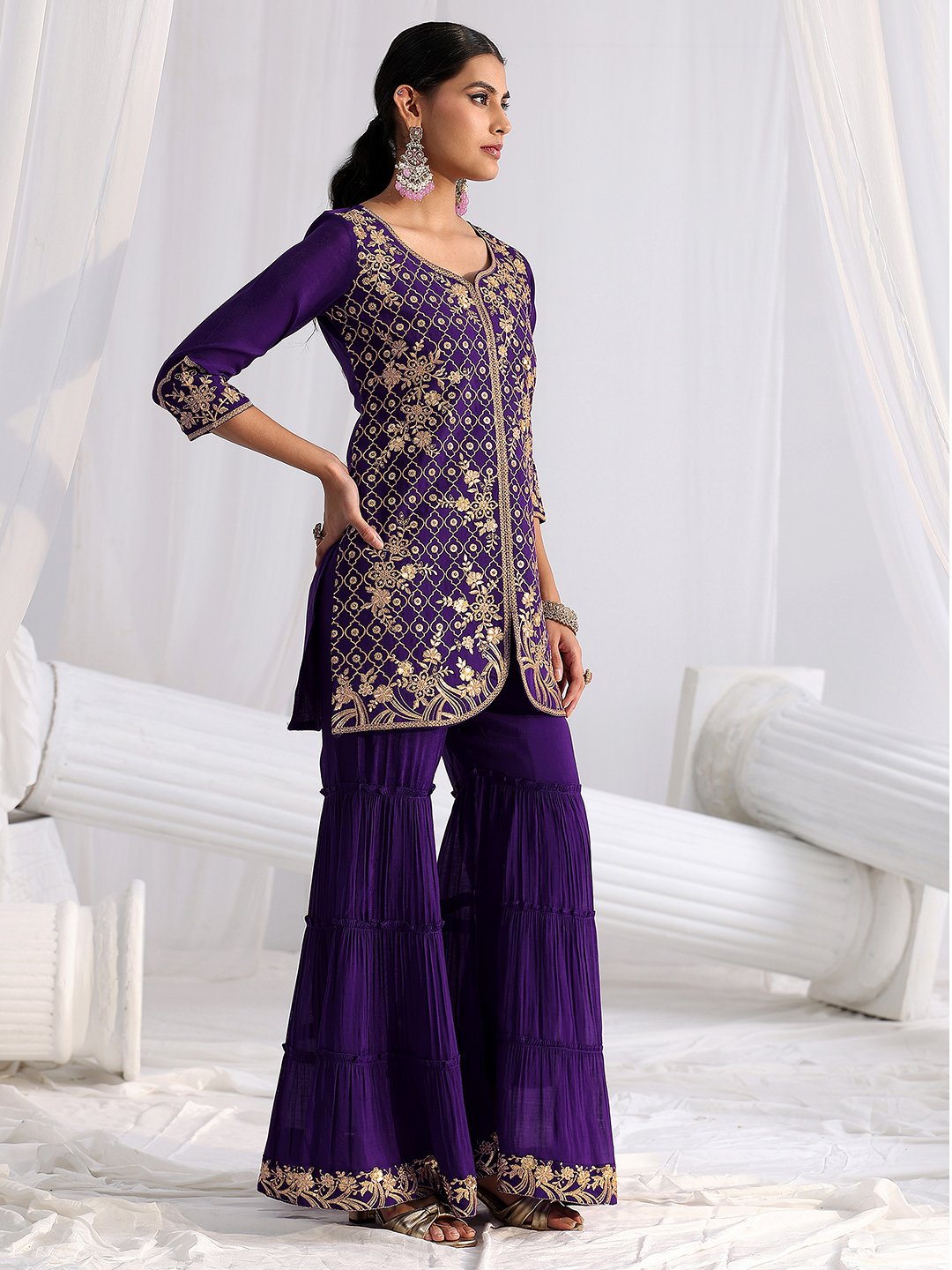 Regal Purple Embroidered Chanderi Sharara Suit with Dupatta