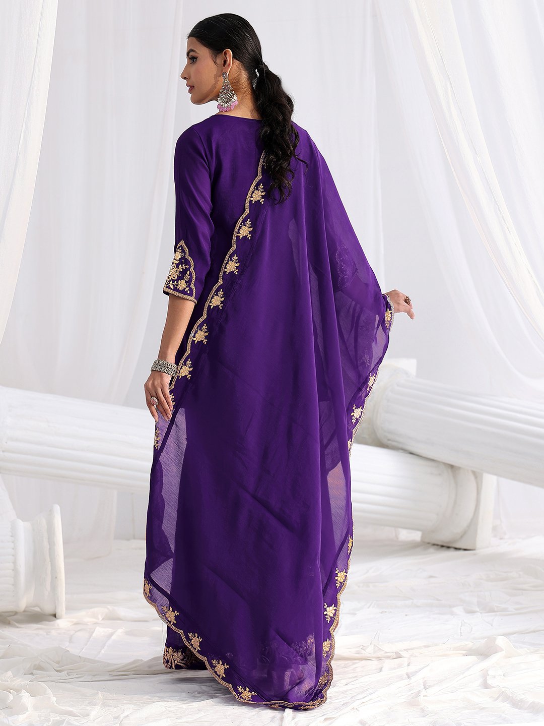 Regal Purple Embroidered Chanderi Sharara Suit with Dupatta