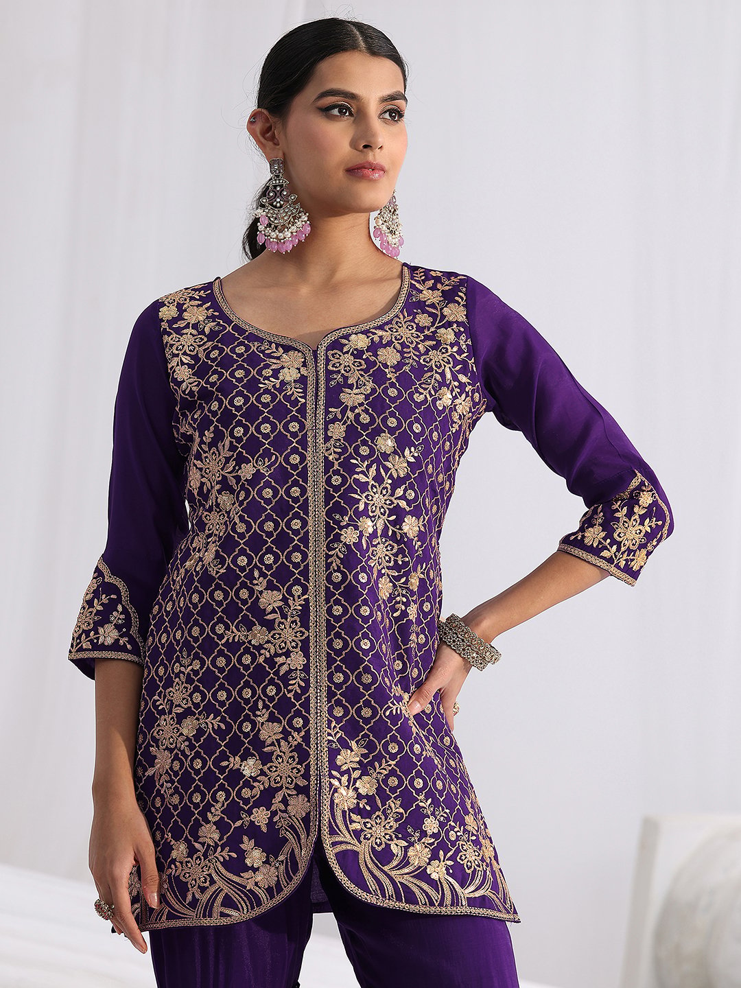 Regal Purple Embroidered Chanderi Sharara Suit with Dupatta