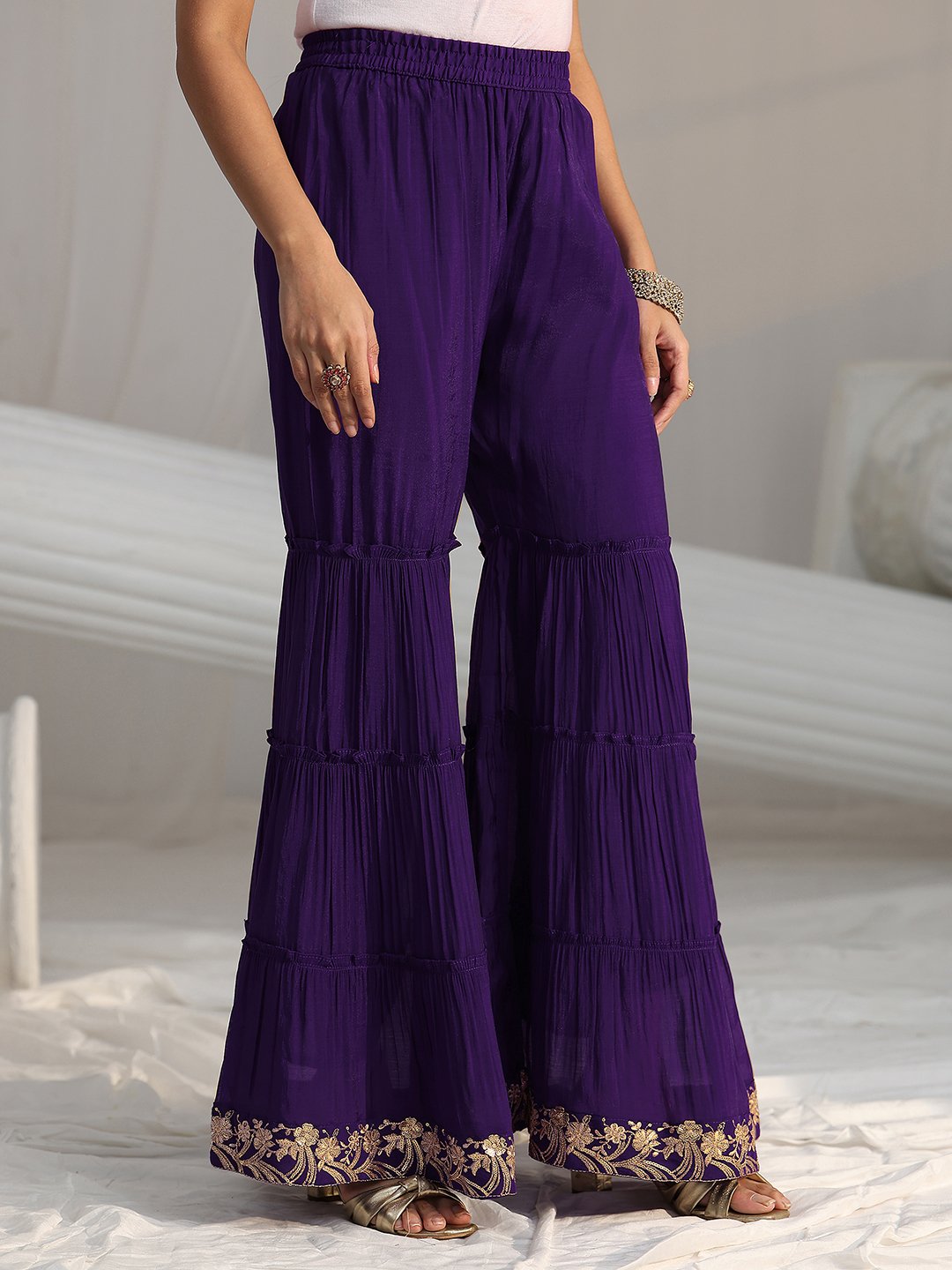 Regal Purple Embroidered Chanderi Sharara Suit with Dupatta