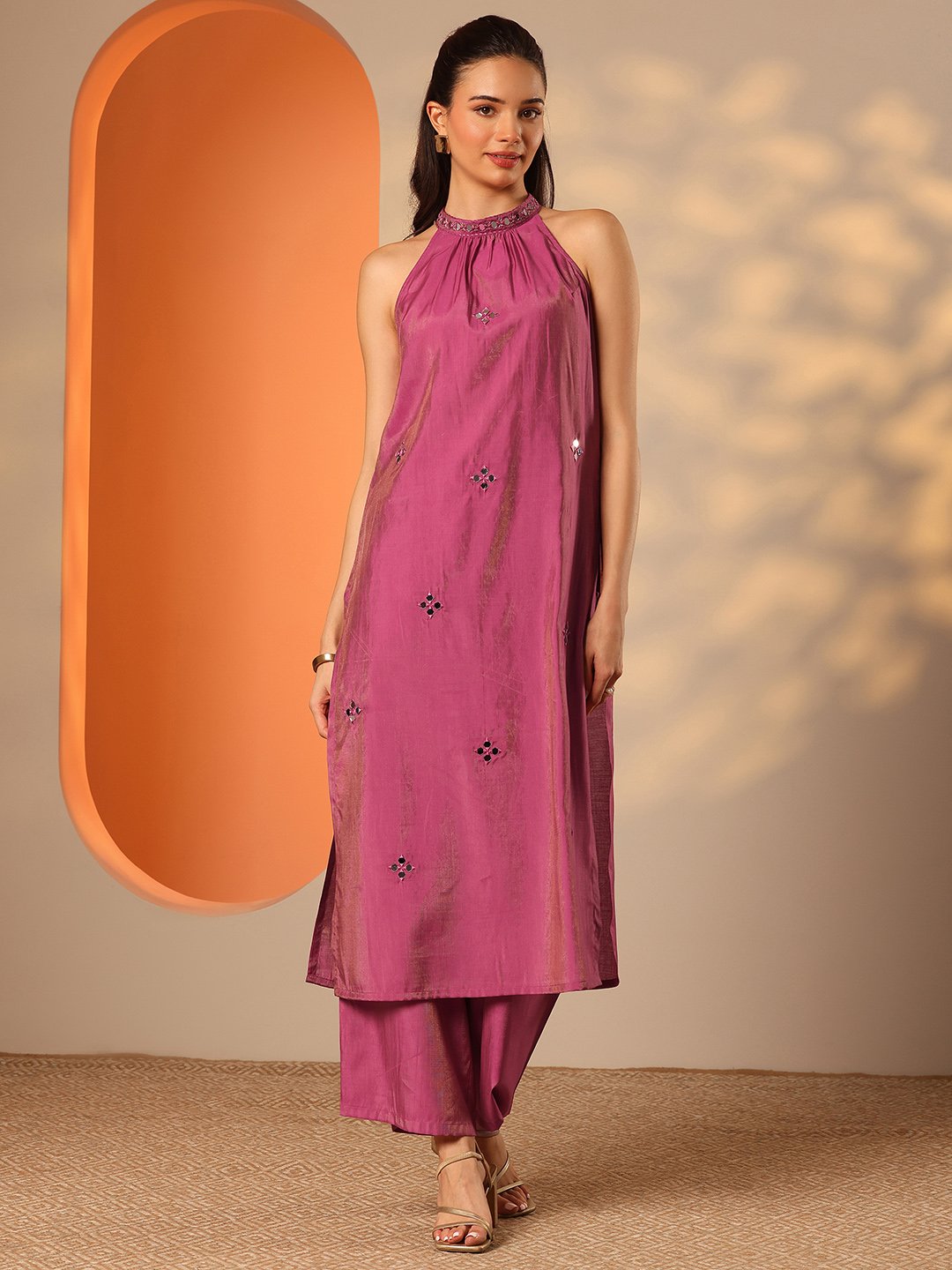 Pink Silk Blend Embellished Halter Neck Kurta and Palazzo Set