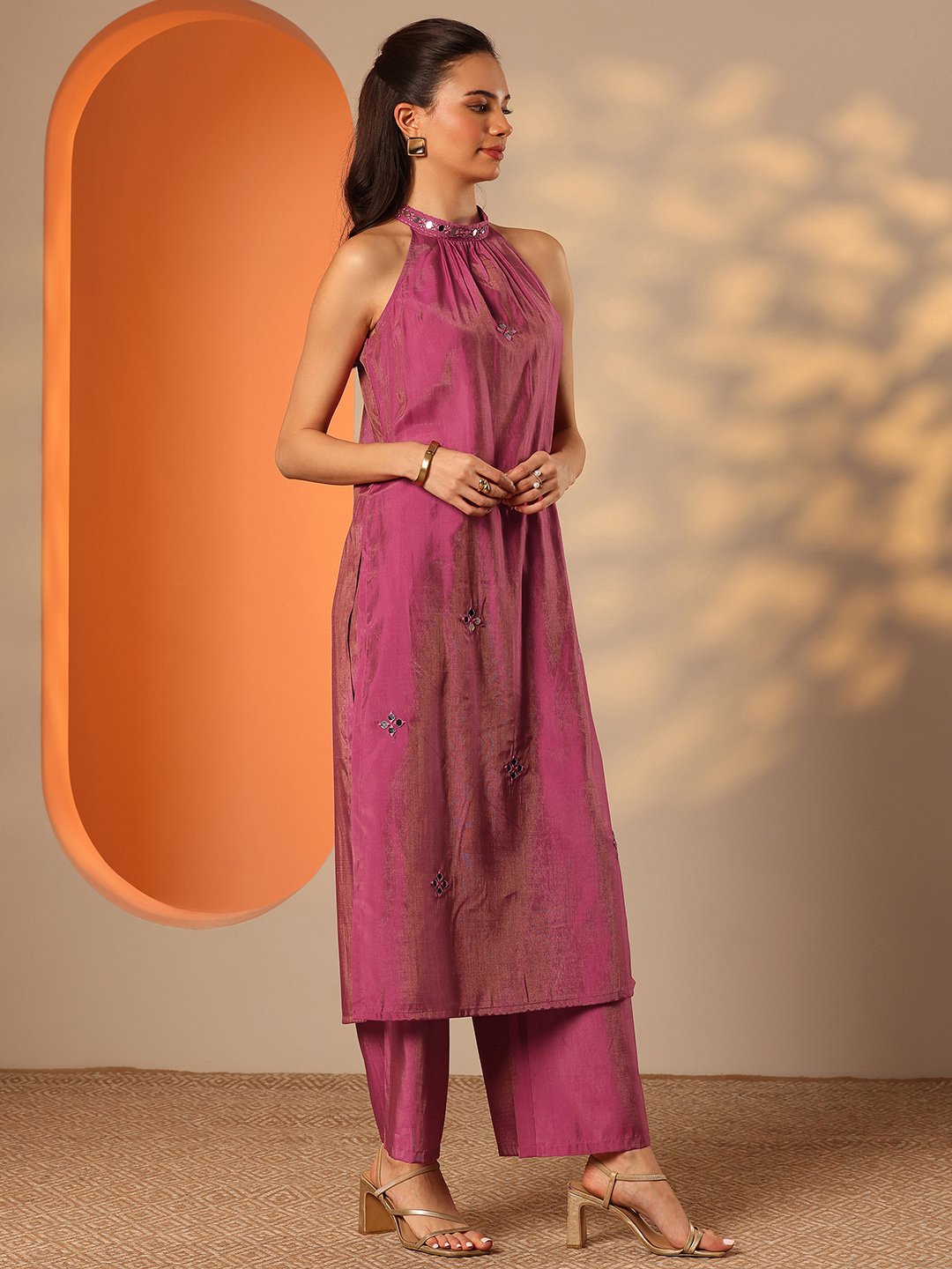 Pink Silk Blend Embellished Halter Neck Kurta and Palazzo Set