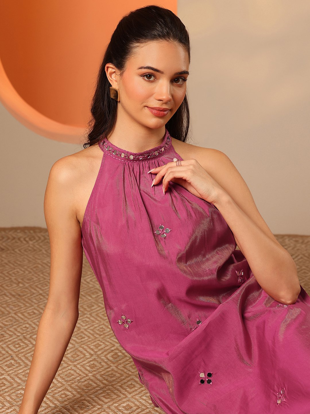 Pink Silk Blend Embellished Halter Neck Kurta and Palazzo Set